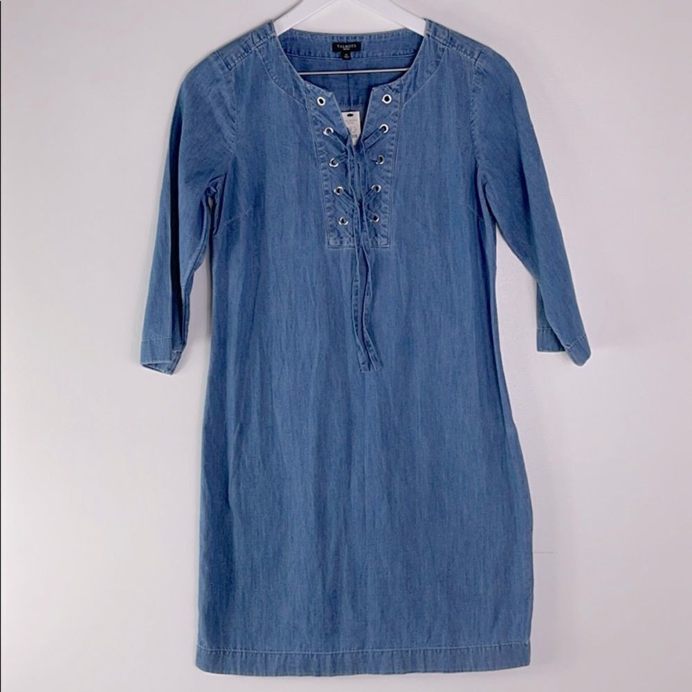Talbots Chambray Shift Dress with Lace-up Tie, NWT